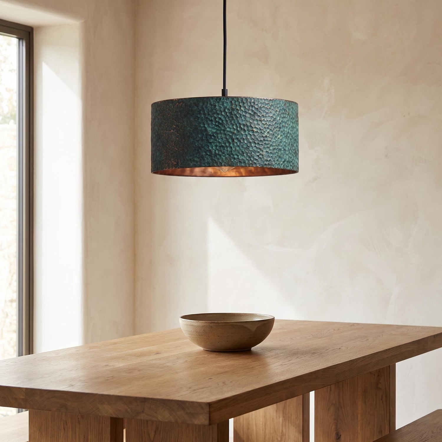 Handmade Copper Dome Pendant Light: Green Patina, Rustic Artisan Lighting