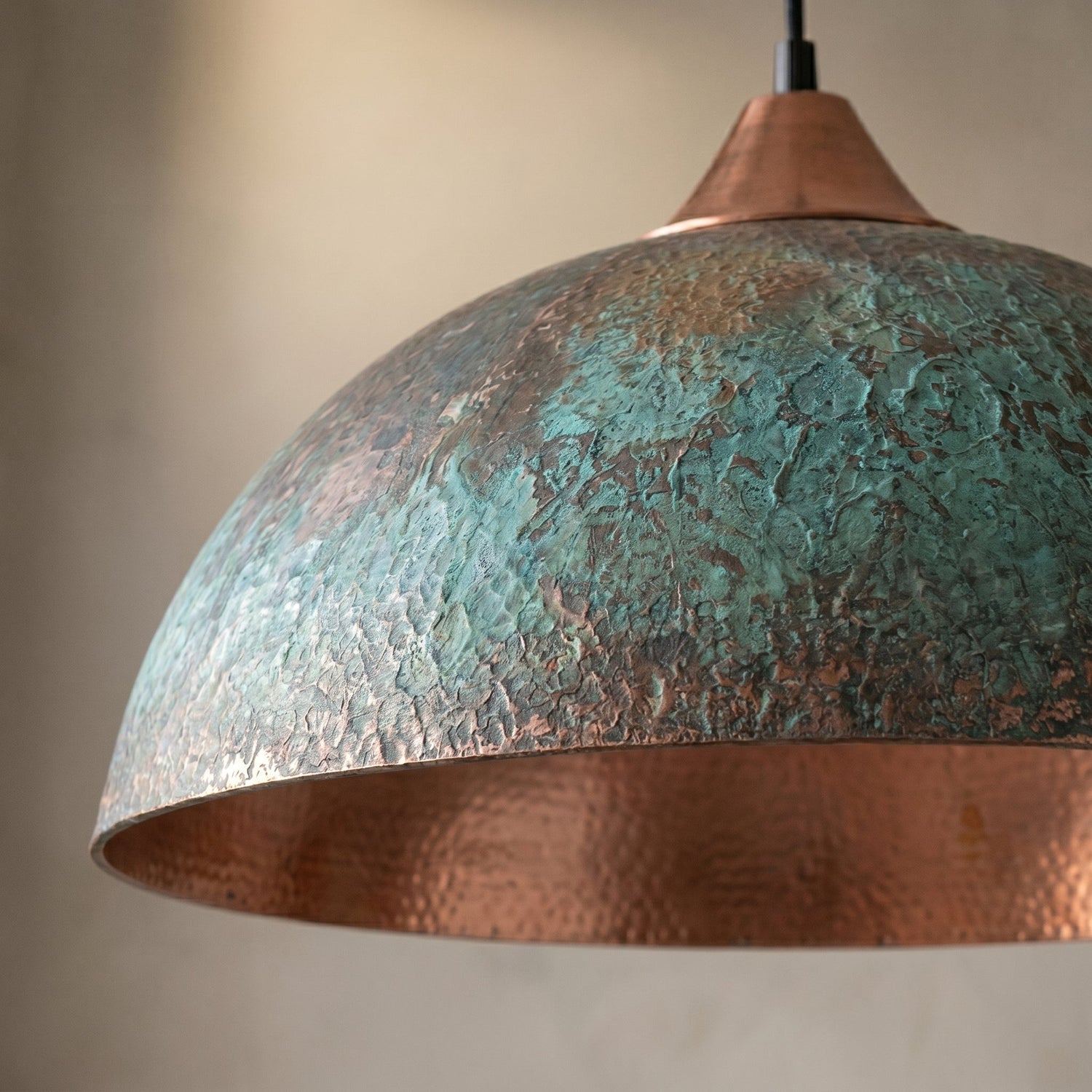 Handmade Copper Dome Pendant Light - Green Patina & Rustic Artisan Lighting