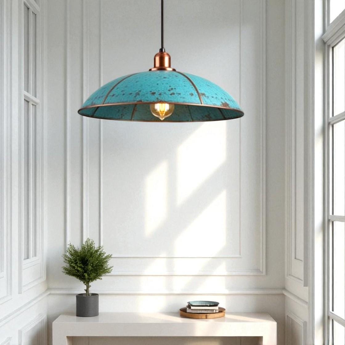 Handmade Copper Dome Pendant Light: Rustic Blue Patina, Industrial Lighting