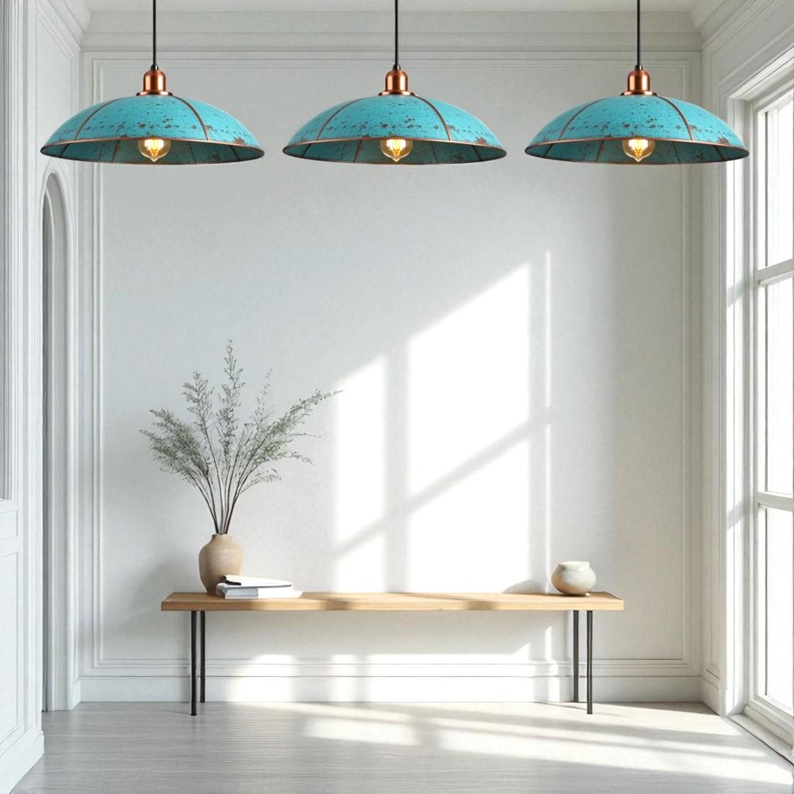 Handmade Copper Dome Pendant Light: Rustic Blue Patina, Industrial Lighting