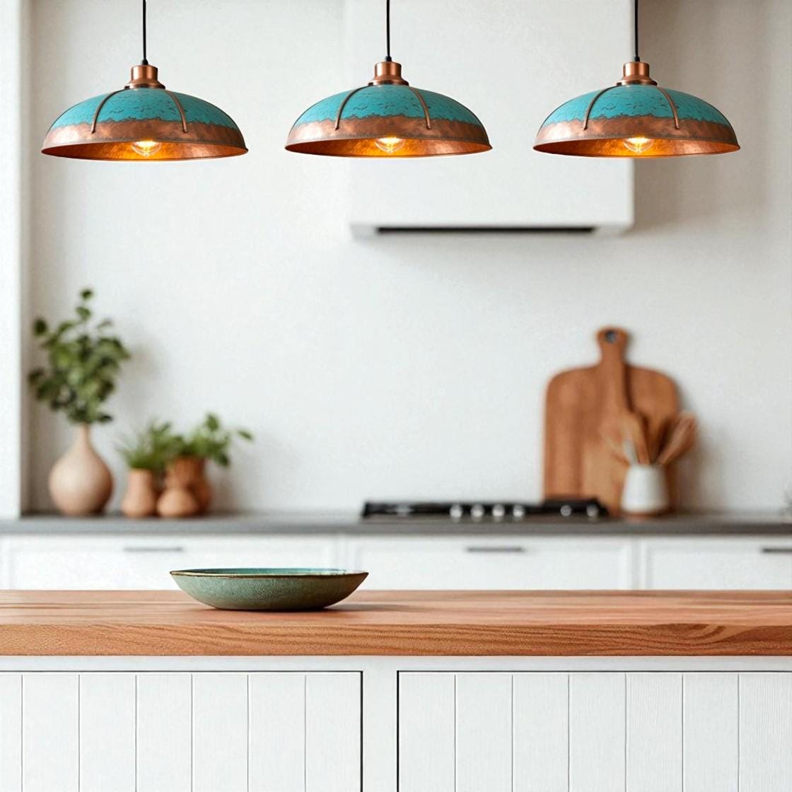 Handmade Copper Dome Pendant Light: Rustic Turquoise Patina, Industrial Decor