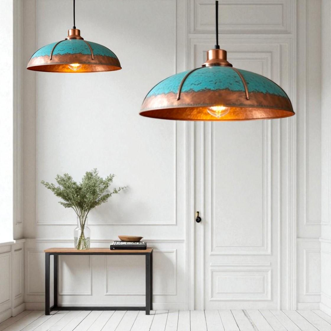 Handmade Copper Dome Pendant Light: Rustic Turquoise Patina, Industrial Decor