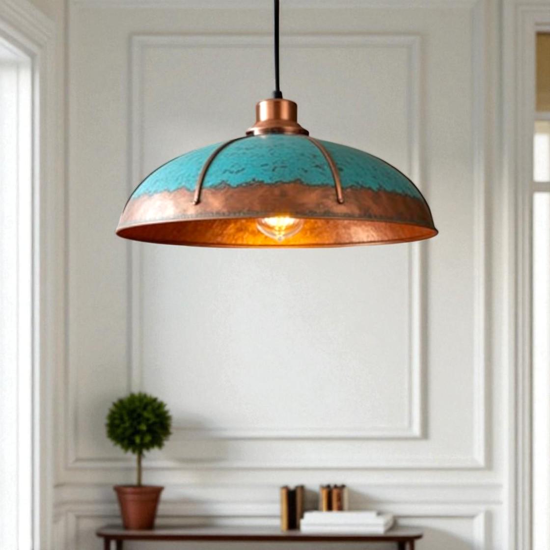 Handmade Copper Dome Pendant Light: Rustic Turquoise Patina, Industrial Decor