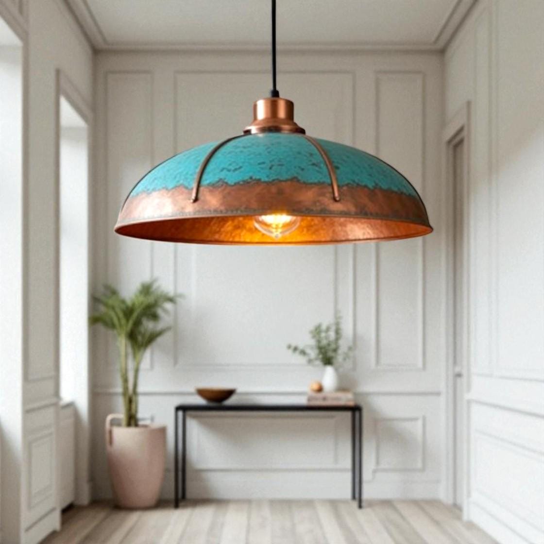 Handmade Copper Dome Pendant Light: Rustic Turquoise Patina, Industrial Decor