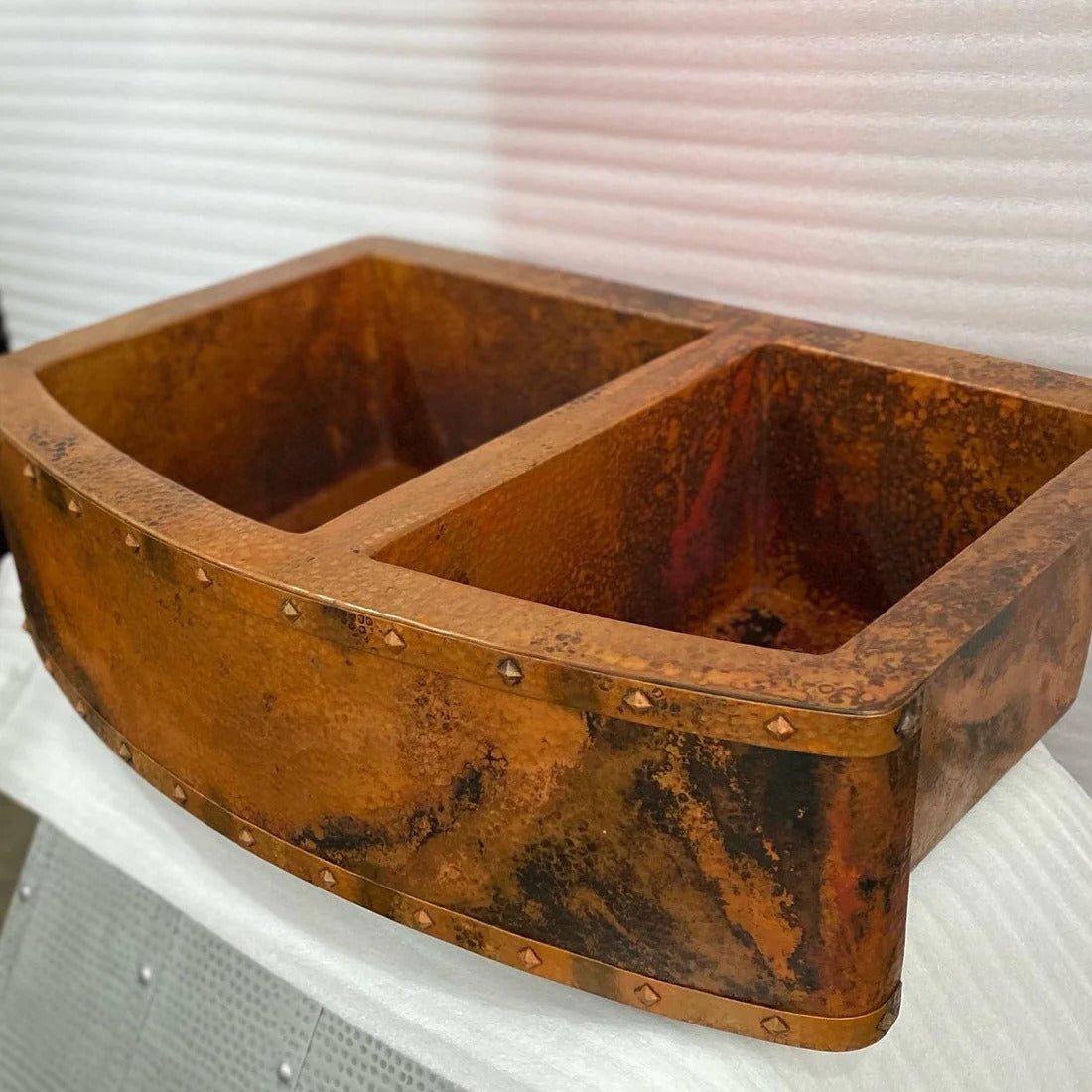 Handmade Copper Double Bowl Farmhouse Kitchen Sink with Apron Front and Decorative Rivets