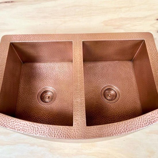 Handmade Copper Farmhouse Double Bowl Sink with Integrated Drainboard
