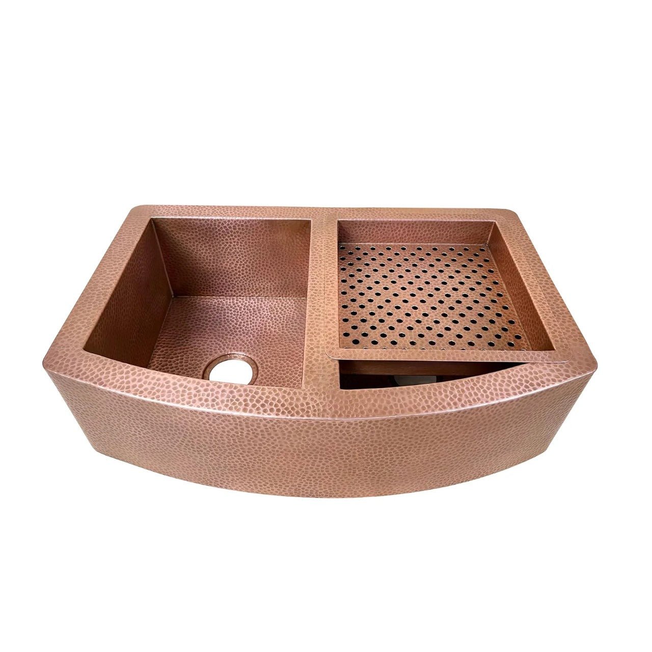 Handmade Copper Farmhouse Double Bowl Sink with Integrated Drainboard