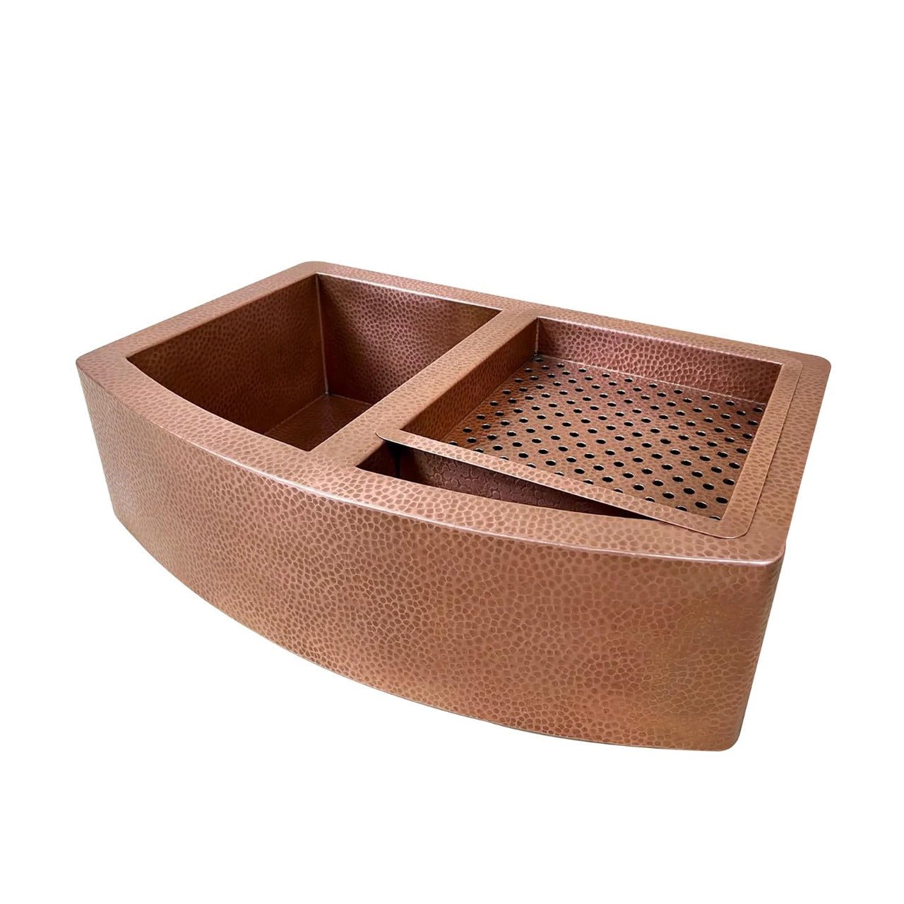 Handmade Copper Farmhouse Double Bowl Sink with Integrated Drainboard