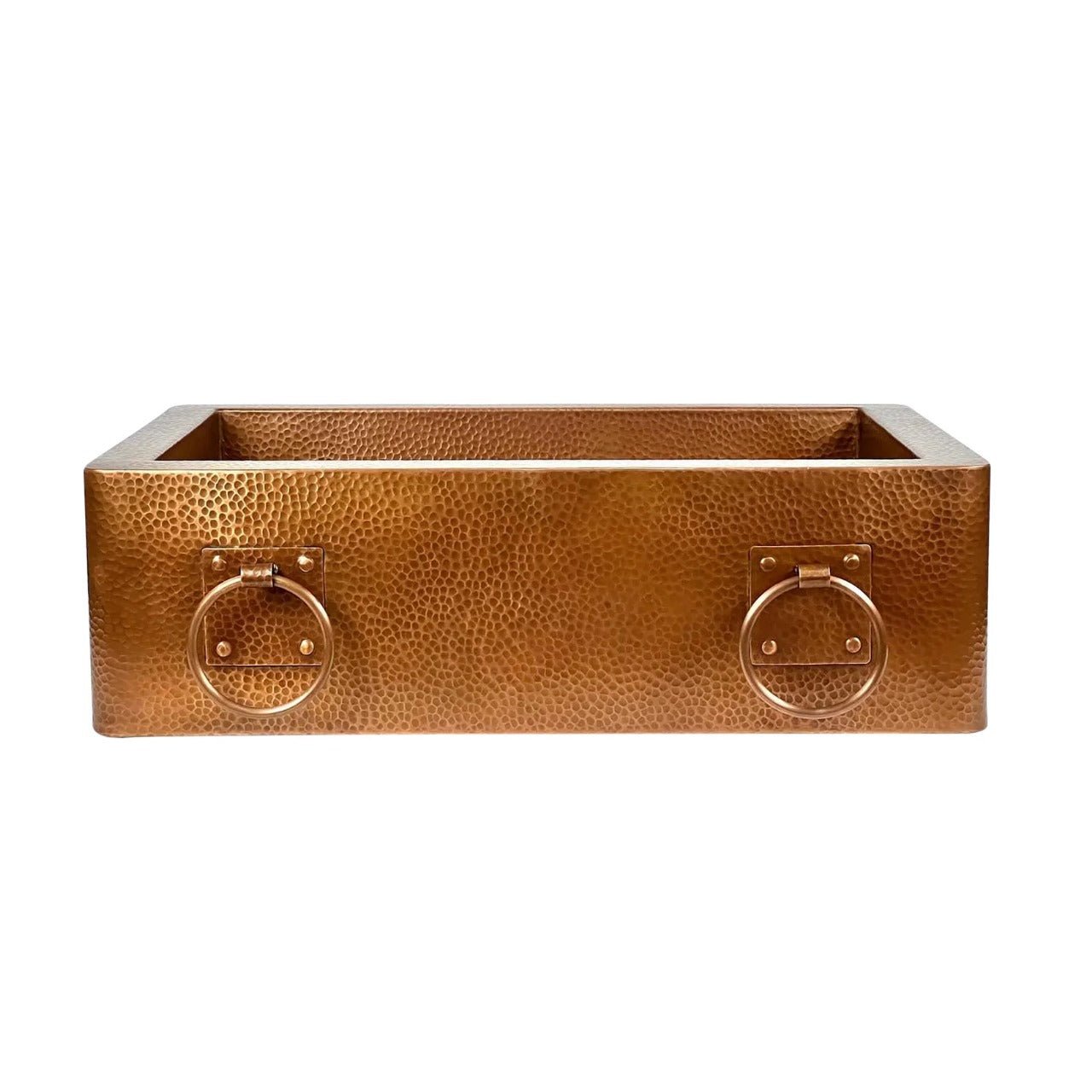 Handmade Hammered Copper Farmhouse Sink with Decorative Handles