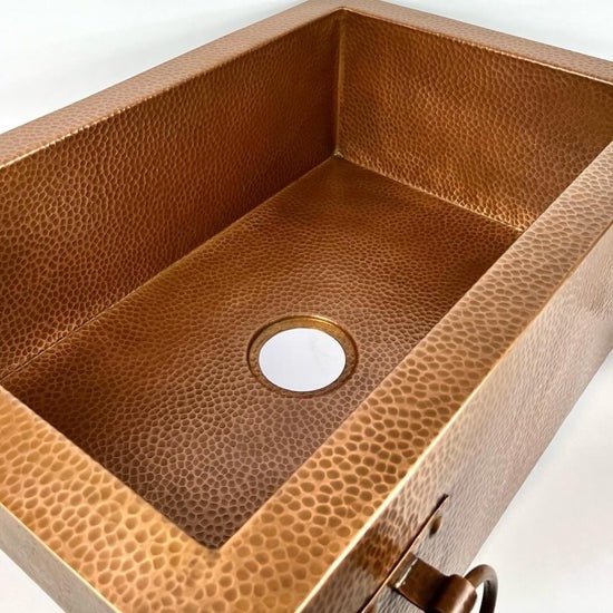 Handmade Hammered Copper Farmhouse Sink with Decorative Handles