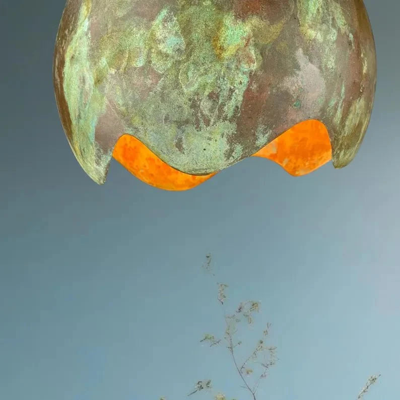 Handmade Copper Patina Pendant Light - Artistic Wave Cut Globe Lamp