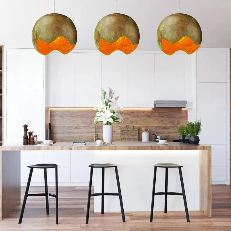Handmade Copper Patina Pendant Light - Artistic Wave Cut Globe Lamp