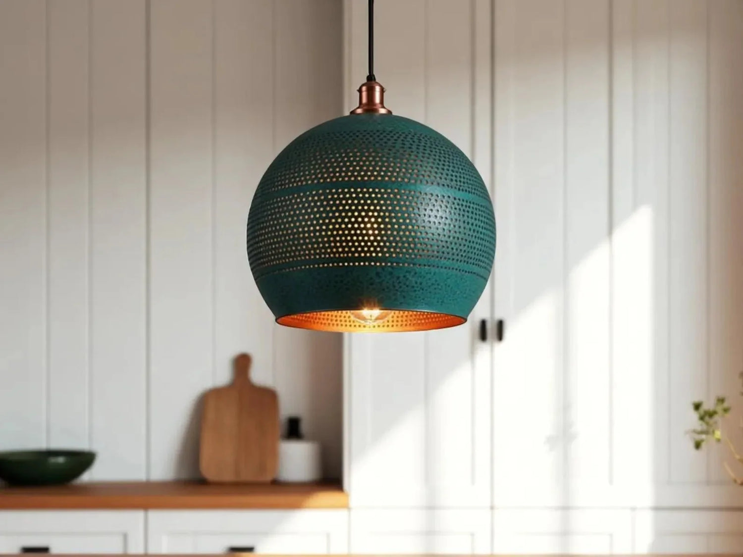 Handmade Copper Patina Pendant Light - Moroccan Sphere Lamp