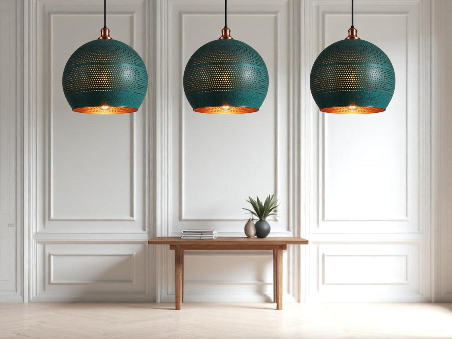 Handmade Copper Patina Pendant Light: Moroccan Sphere Lamp
