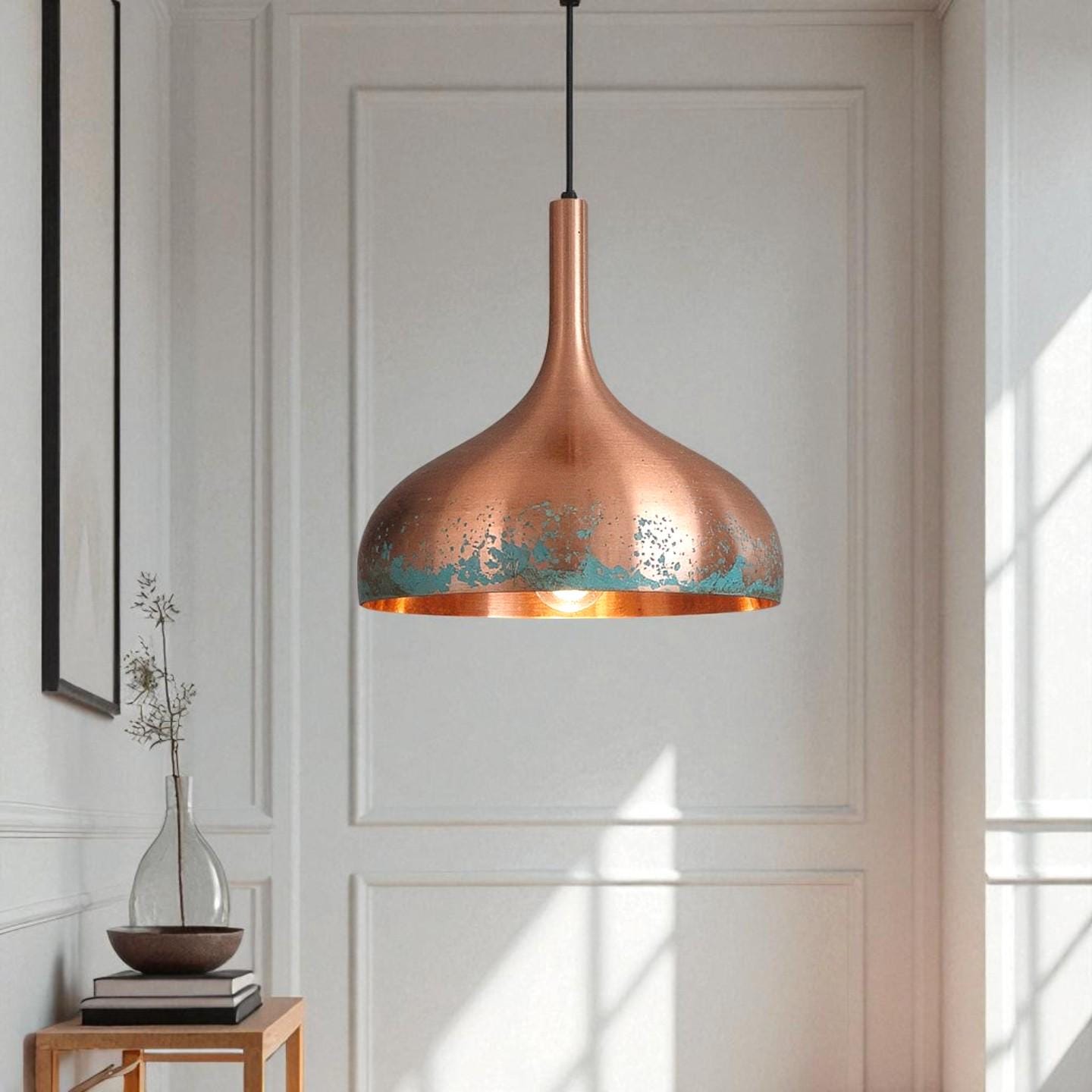 Handmade Copper Patina Pendant Light: Rustic Industrial Ceiling Lamp