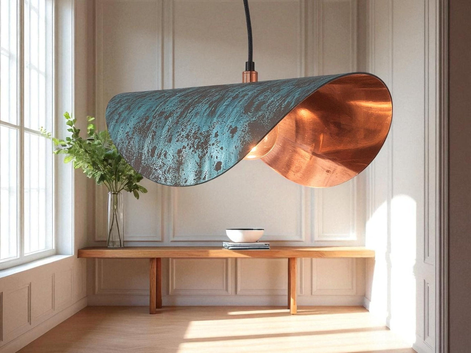 Handmade Copper Patina Pendant Light: Wavy Industrial Hanging Lamp