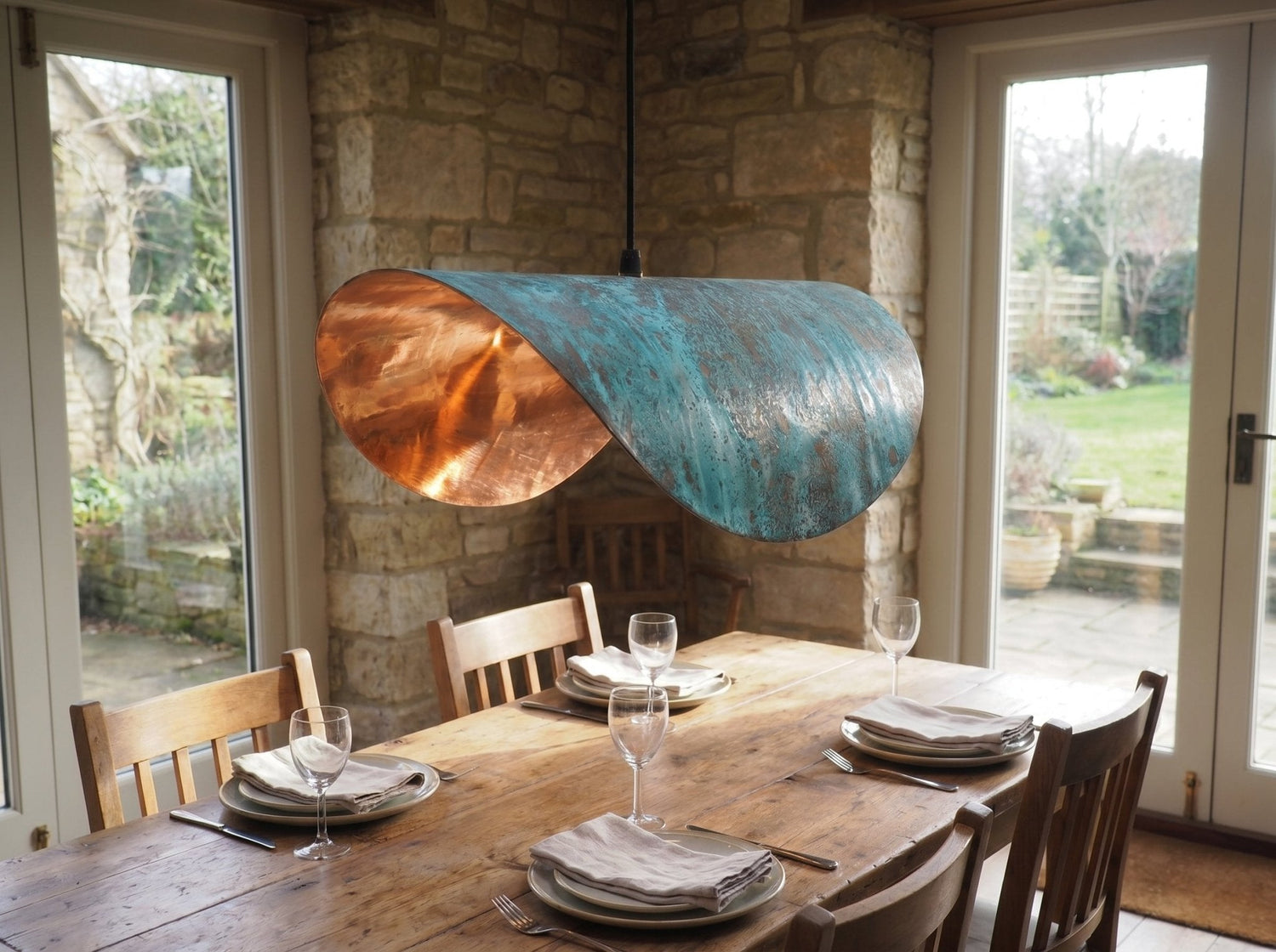 Handmade Copper Patina Pendant Light - Wavy Industrial Hanging Lamp