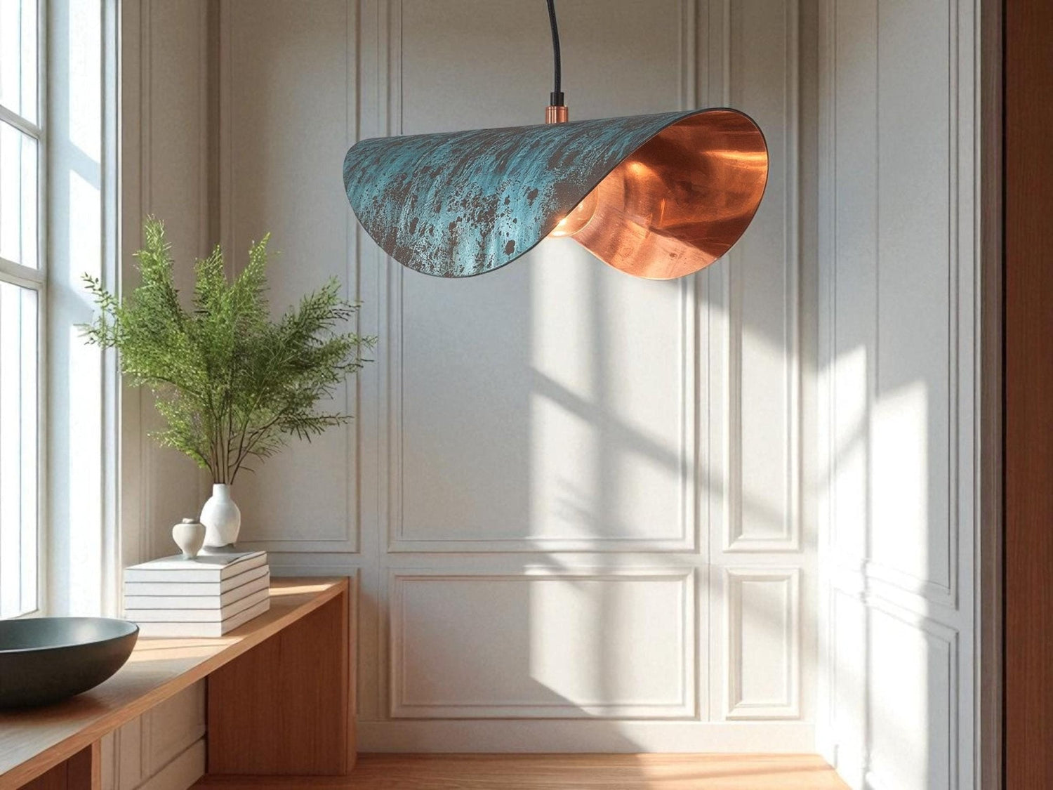Handmade Copper Patina Pendant Light: Wavy Industrial Hanging Lamp