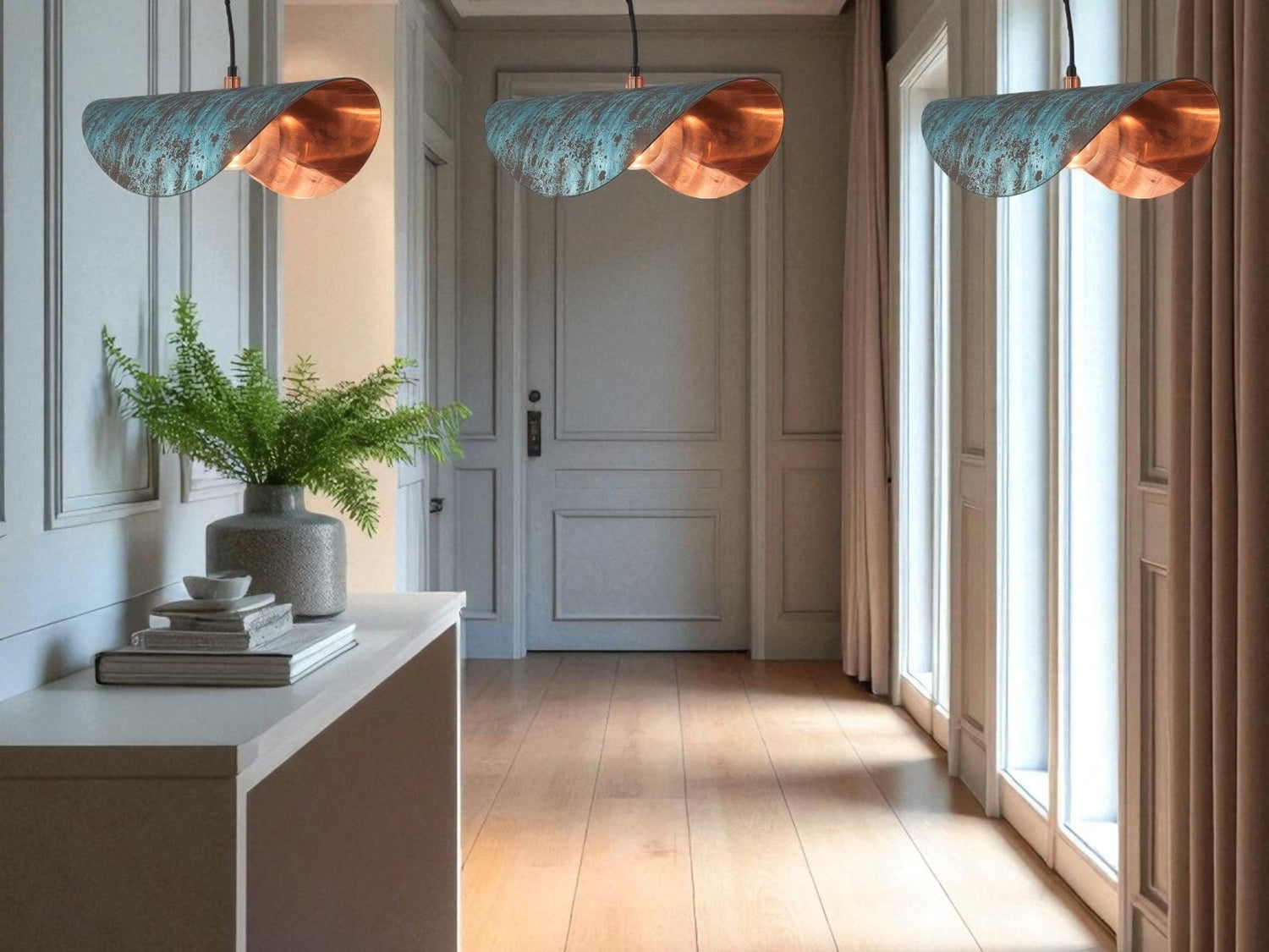 Handmade Copper Patina Pendant Light: Wavy Industrial Hanging Lamp