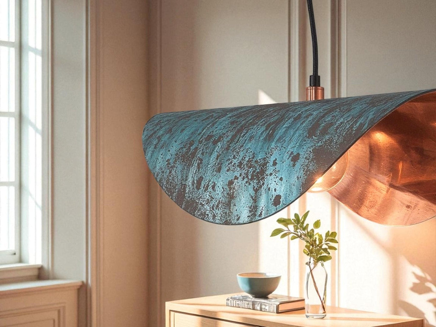 Handmade Copper Patina Pendant Light: Wavy Industrial Hanging Lamp