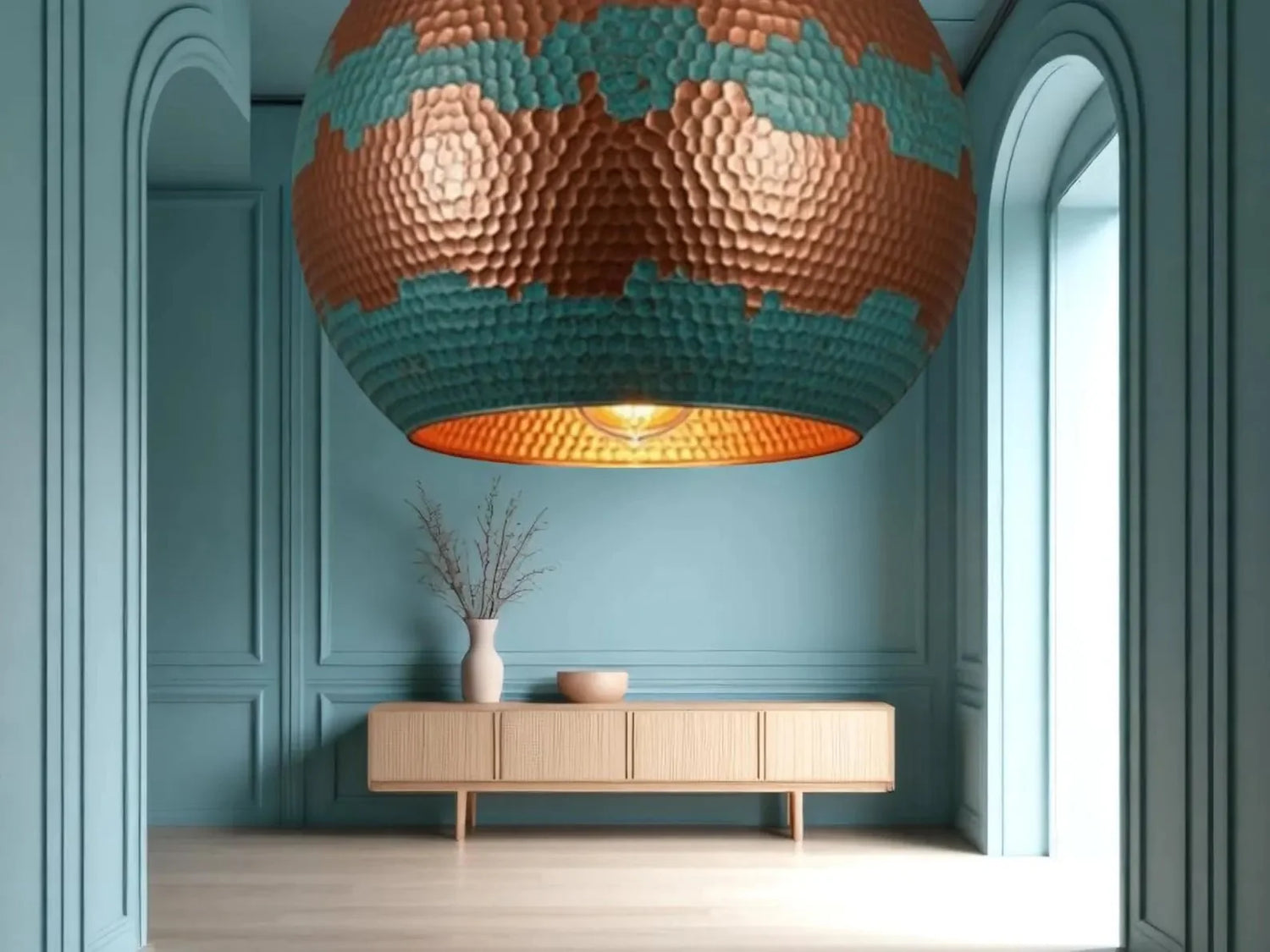 Handmade Copper Pendant Light - Green Patina Moroccan Dome Lamp