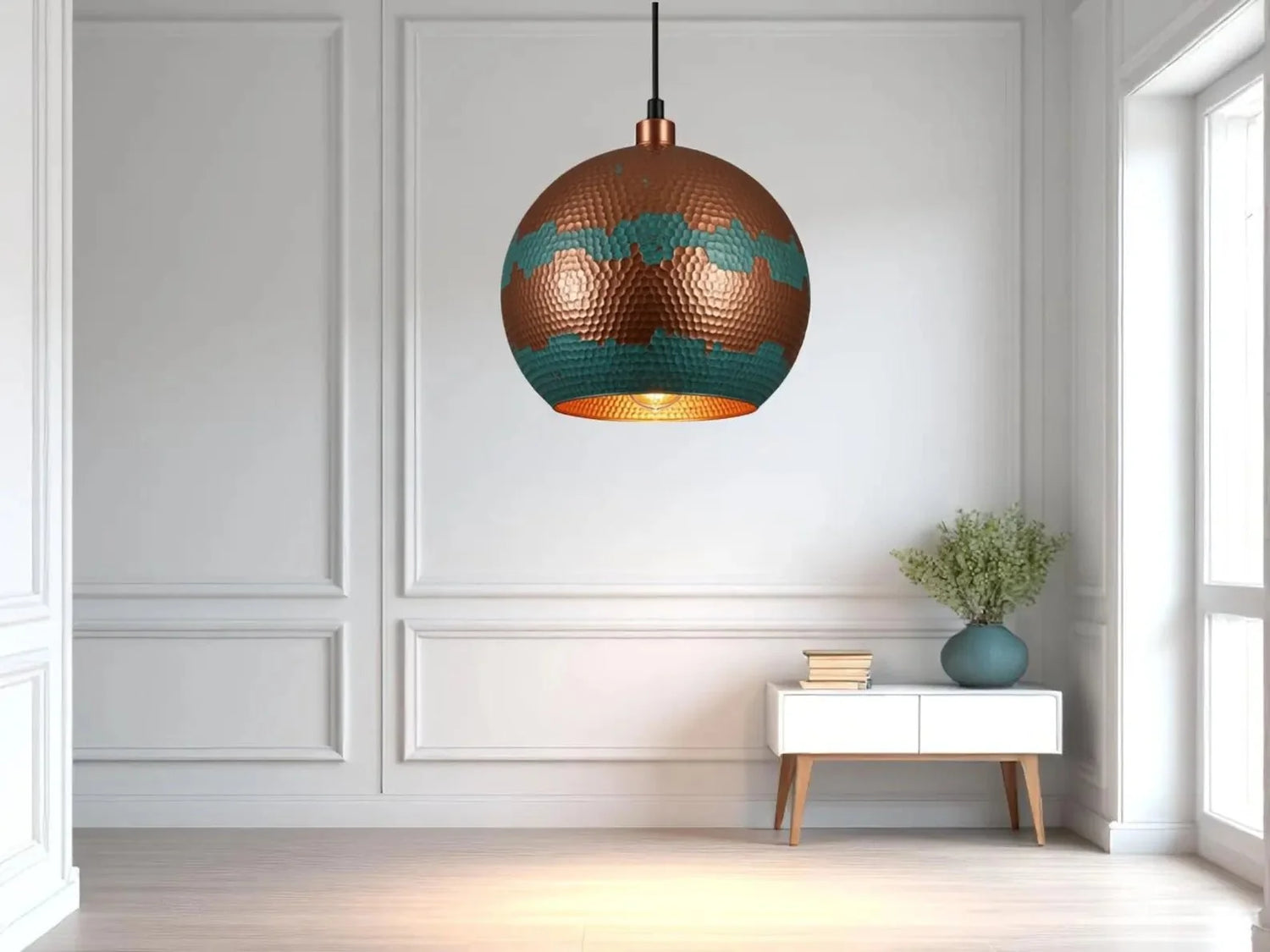 Handmade Copper Pendant Light - Green Patina Moroccan Dome Lamp