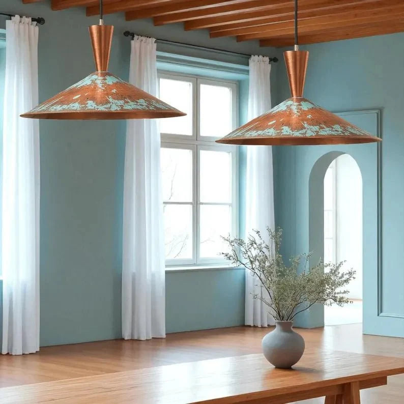 Handmade Copper Pendant Light - Rustic Patina Dome Lamp