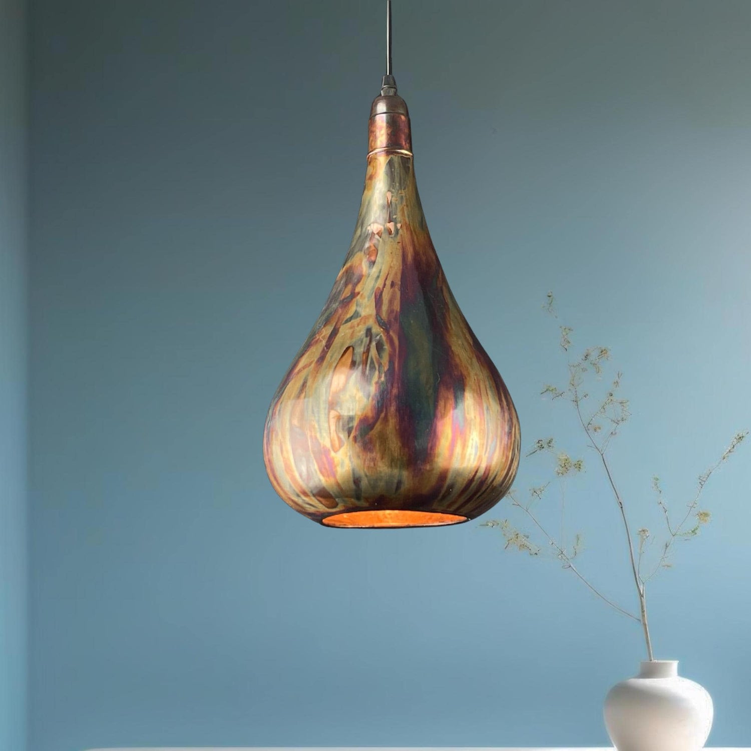Handmade Copper Teardrop Pendant Light: Rustic Patina Ceiling Lamp