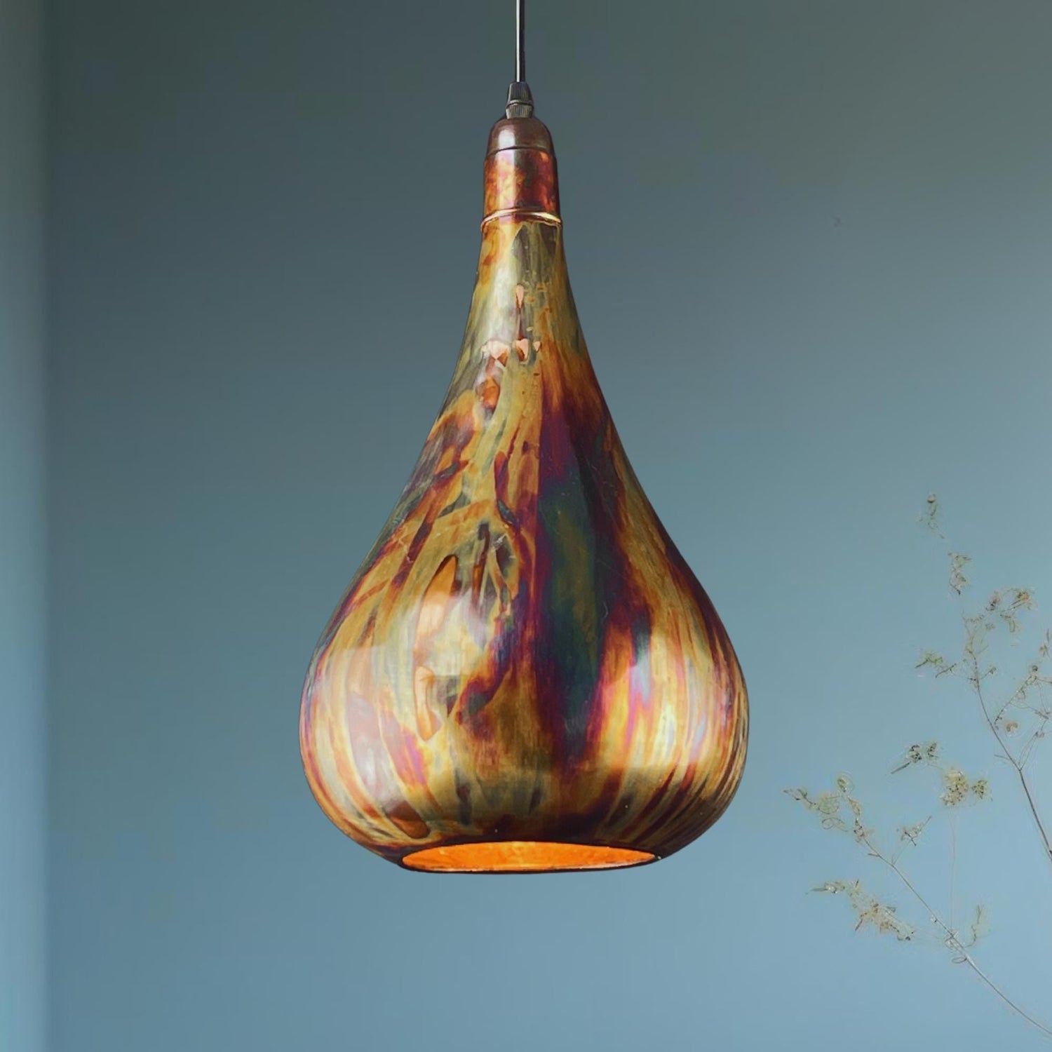 Handmade Copper Teardrop Pendant Light: Rustic Patina Ceiling Lamp