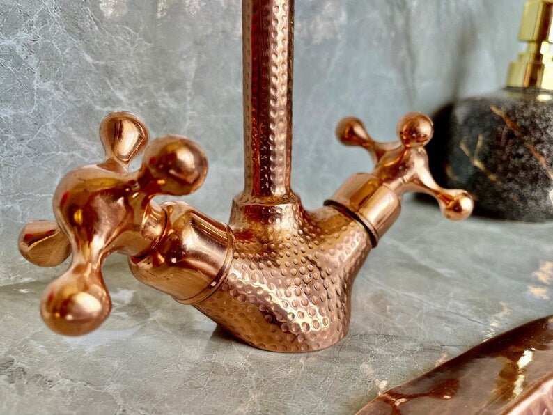 Handmade Copper Wall Mount Faucet with Double Handles | Rustic Copper Faucet