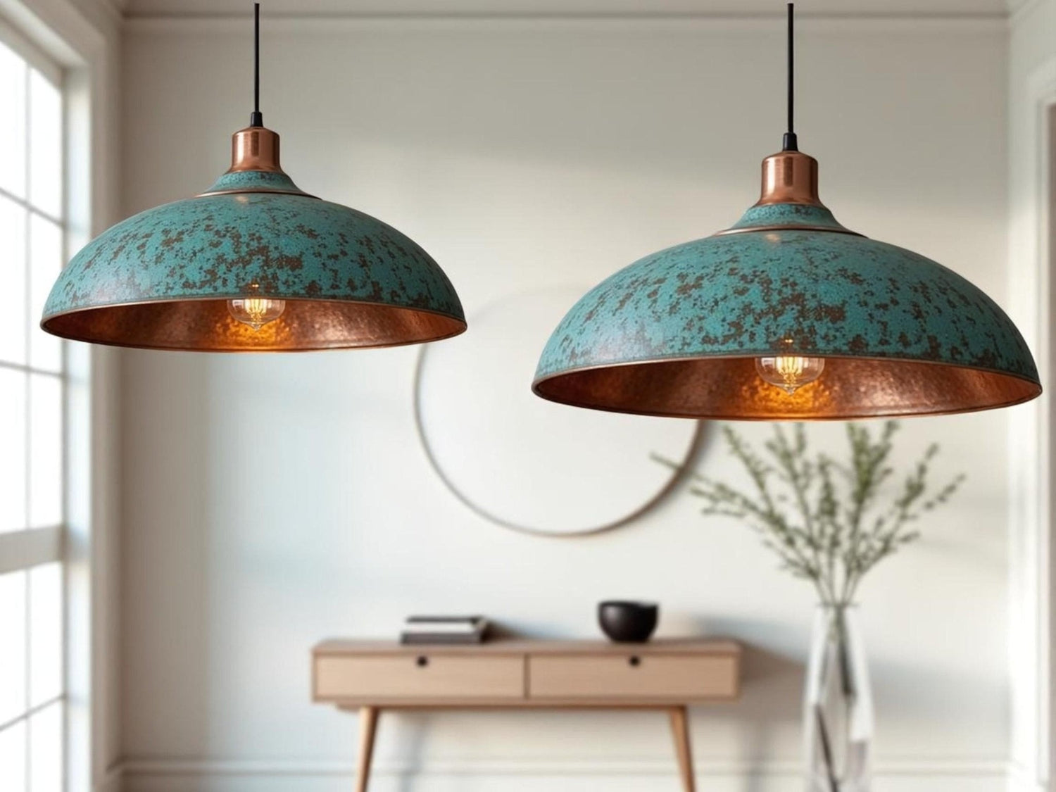 Handmade Green Patina Copper Dome Pendant Light: Rustic Artisan Lamp