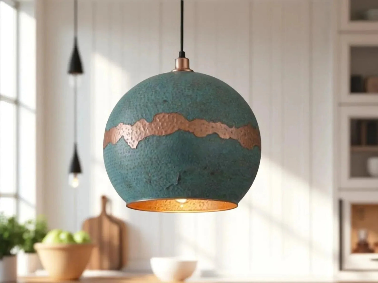 Handmade Green Patina Copper Pendant Light - Moroccan Boho Decor