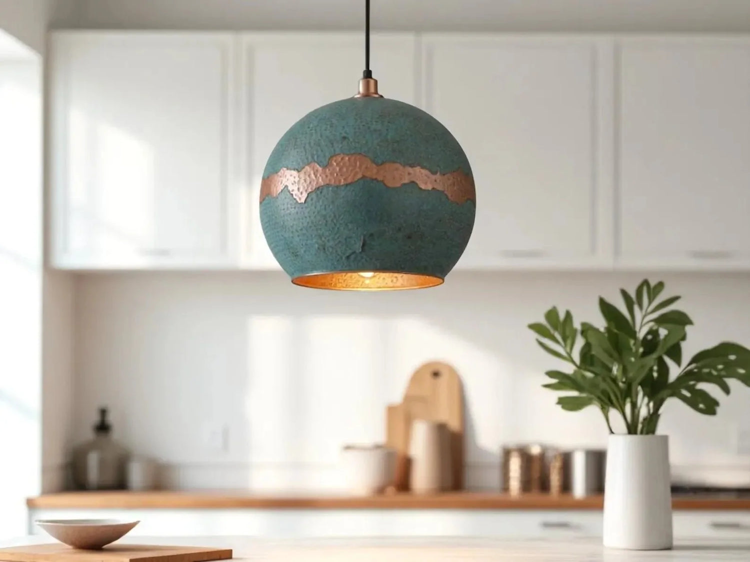 Handmade Green Patina Copper Pendant Light - Moroccan Boho Decor