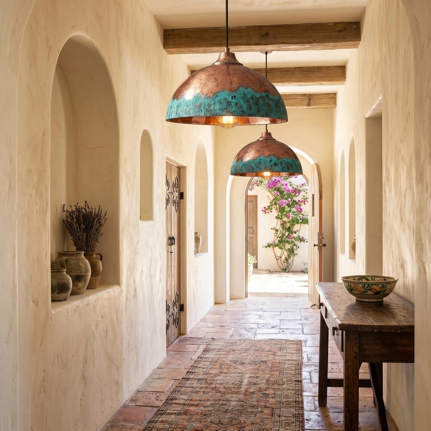 Handmade Green Patina Copper Pendant Light: Moroccan Boho Decor