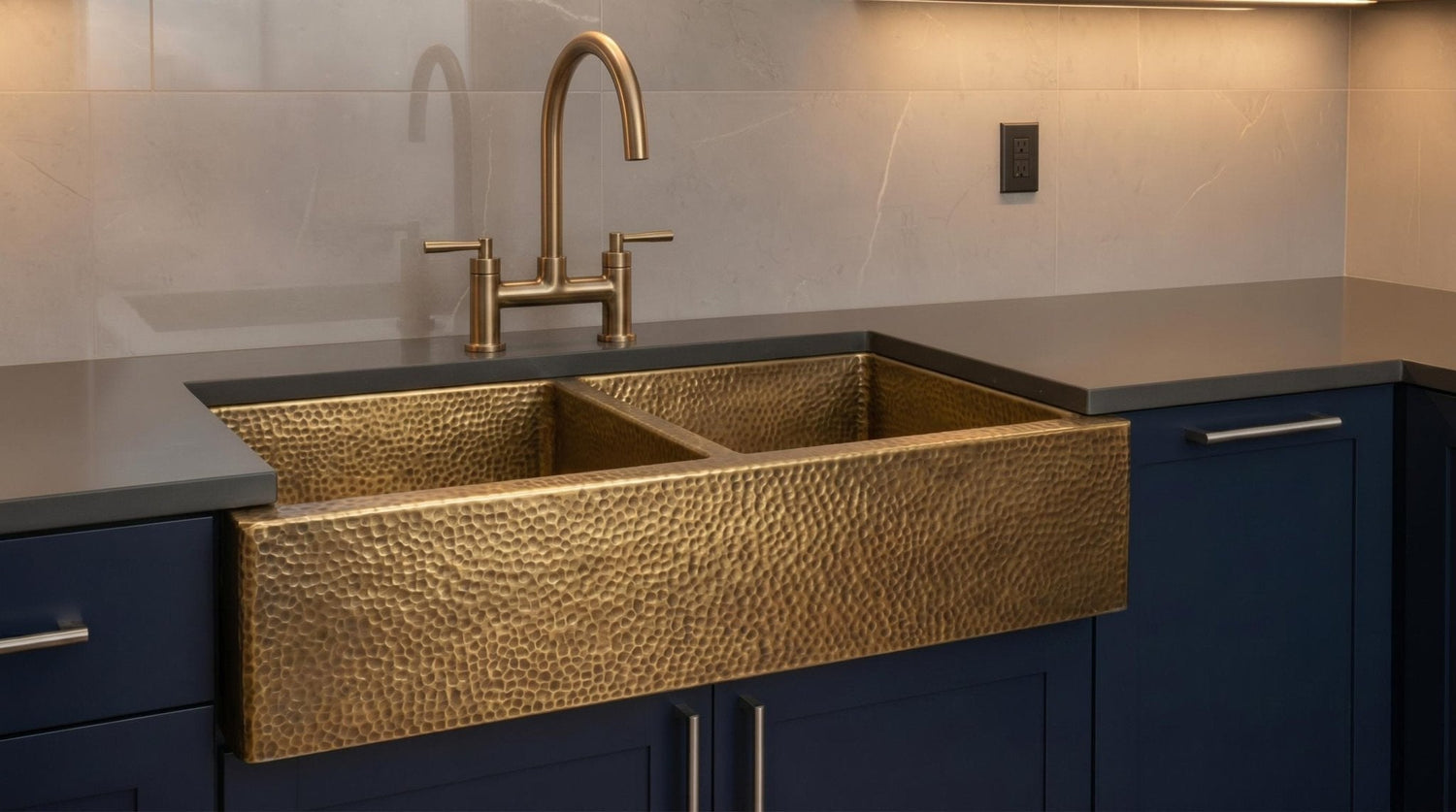 Handmade Hammered Brass Farmhouse Sink - Double Bowl Kitchen Apron Front Sink - Antique Brass Kitchen Fixture - Luxury Custom Brass Basin
