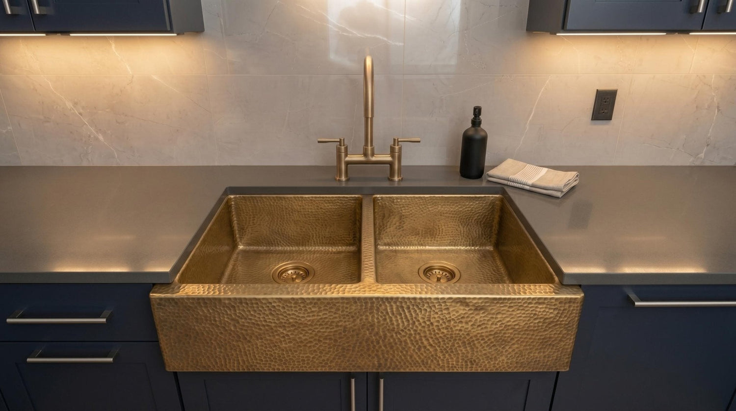 Handmade Hammered Brass Farmhouse Sink - Double Bowl Kitchen Apron Front Sink - Antique Brass Kitchen Fixture - Luxury Custom Brass Basin