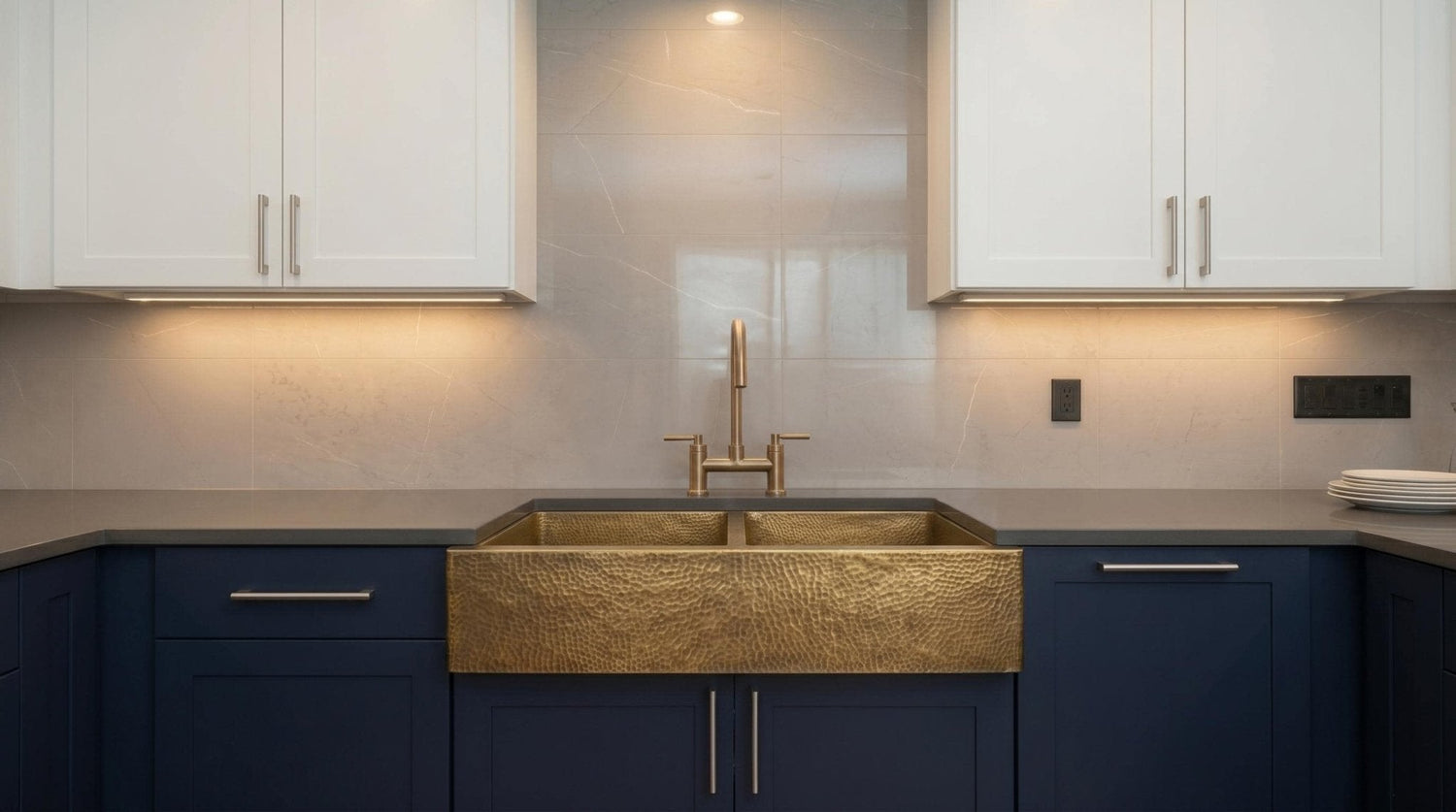 Handmade Hammered Brass Farmhouse Sink - Double Bowl Kitchen Apron Front Sink - Antique Brass Kitchen Fixture - Luxury Custom Brass Basin