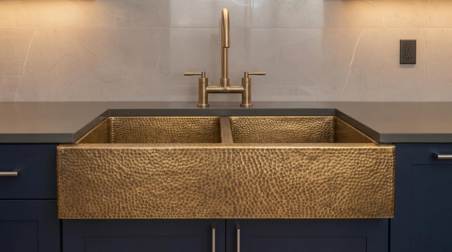 Handmade Hammered Brass Farmhouse Sink - Double Bowl Kitchen Apron Front Sink - Antique Brass Kitchen Fixture - Luxury Custom Brass Basin
