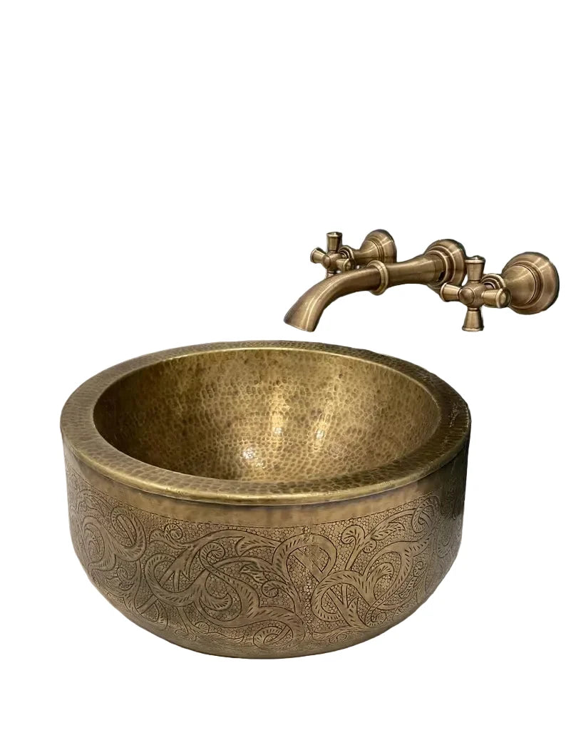 Handmade Hammered Copper Vessel Sink with Engraved Pattern – Luxury Bathroom Basin