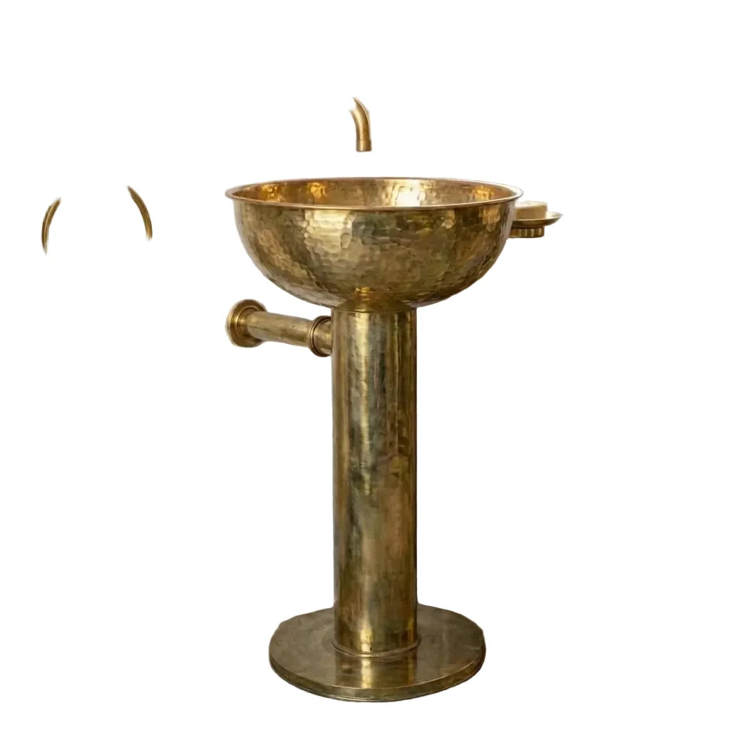 Handmade Hammered Unlacquered Brass Round Pedestal Sink
