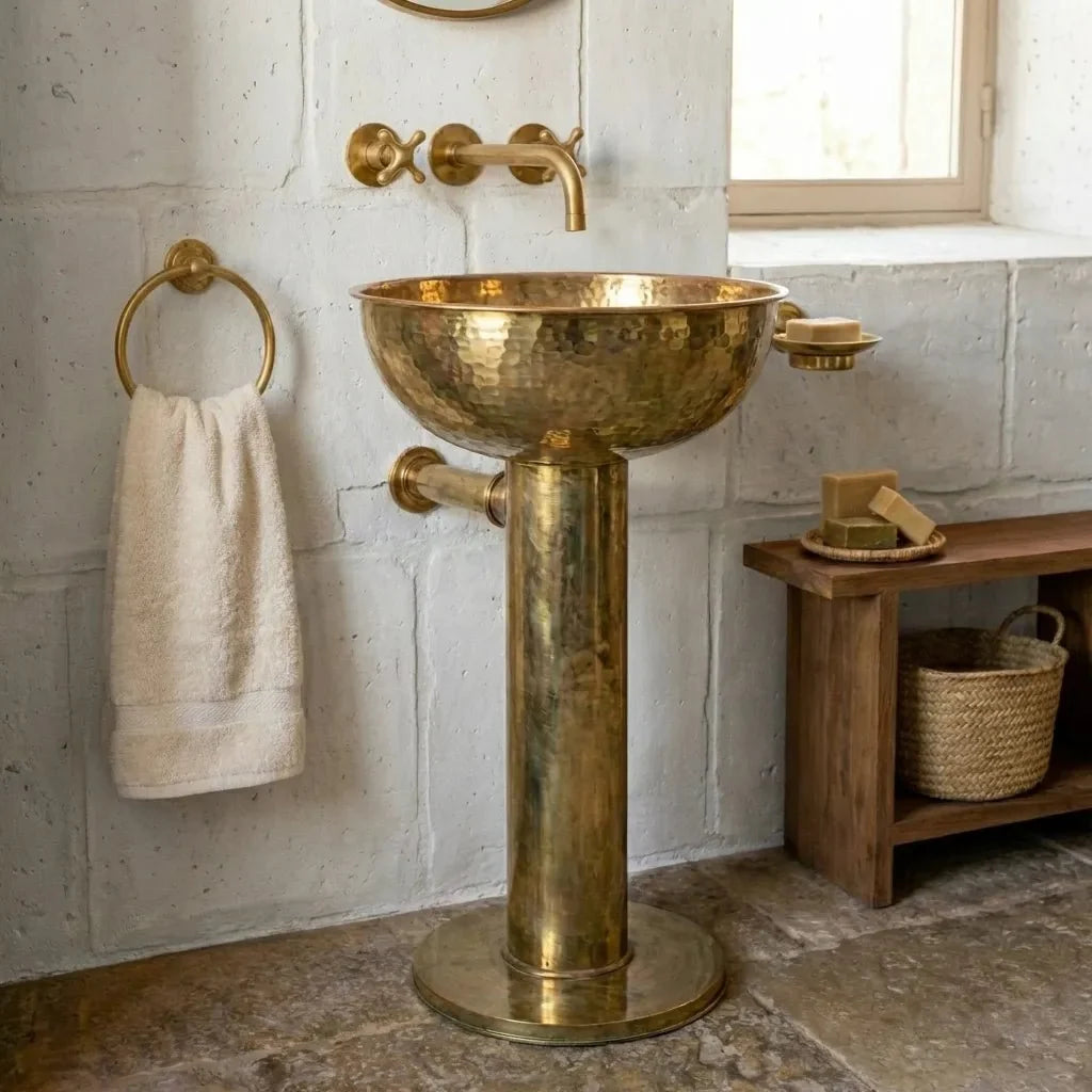 Handmade Hammered Unlacquered Brass Round Pedestal Sink
