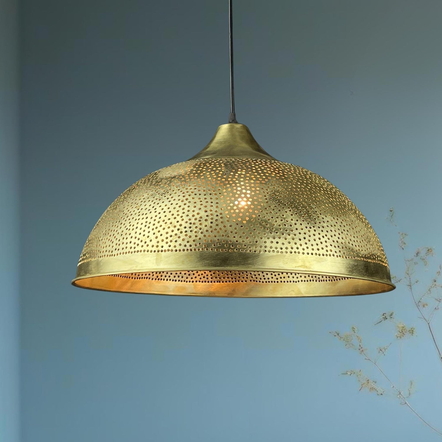 Handmade Moroccan Brass Pendant Light: Perforated Dome Ceiling Lamp