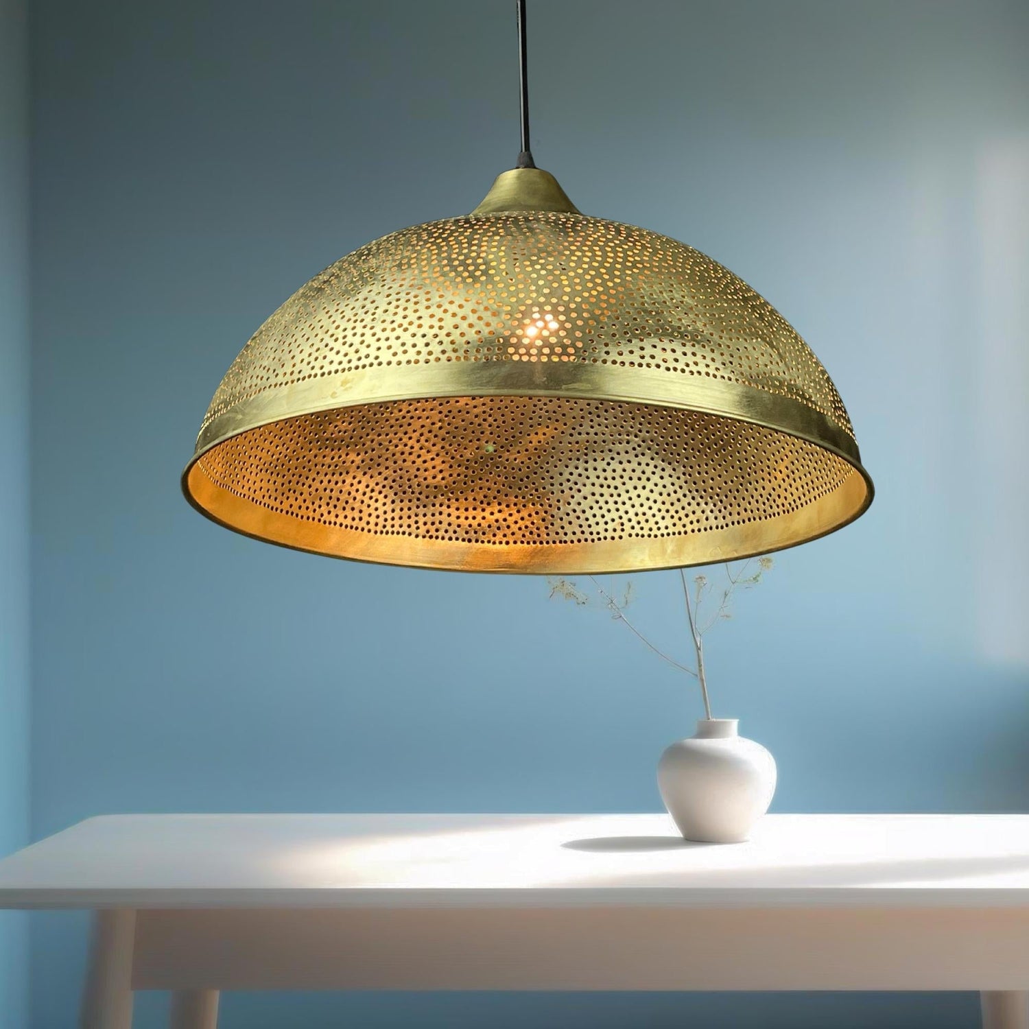 Handmade Moroccan Brass Pendant Light: Perforated Dome Ceiling Lamp