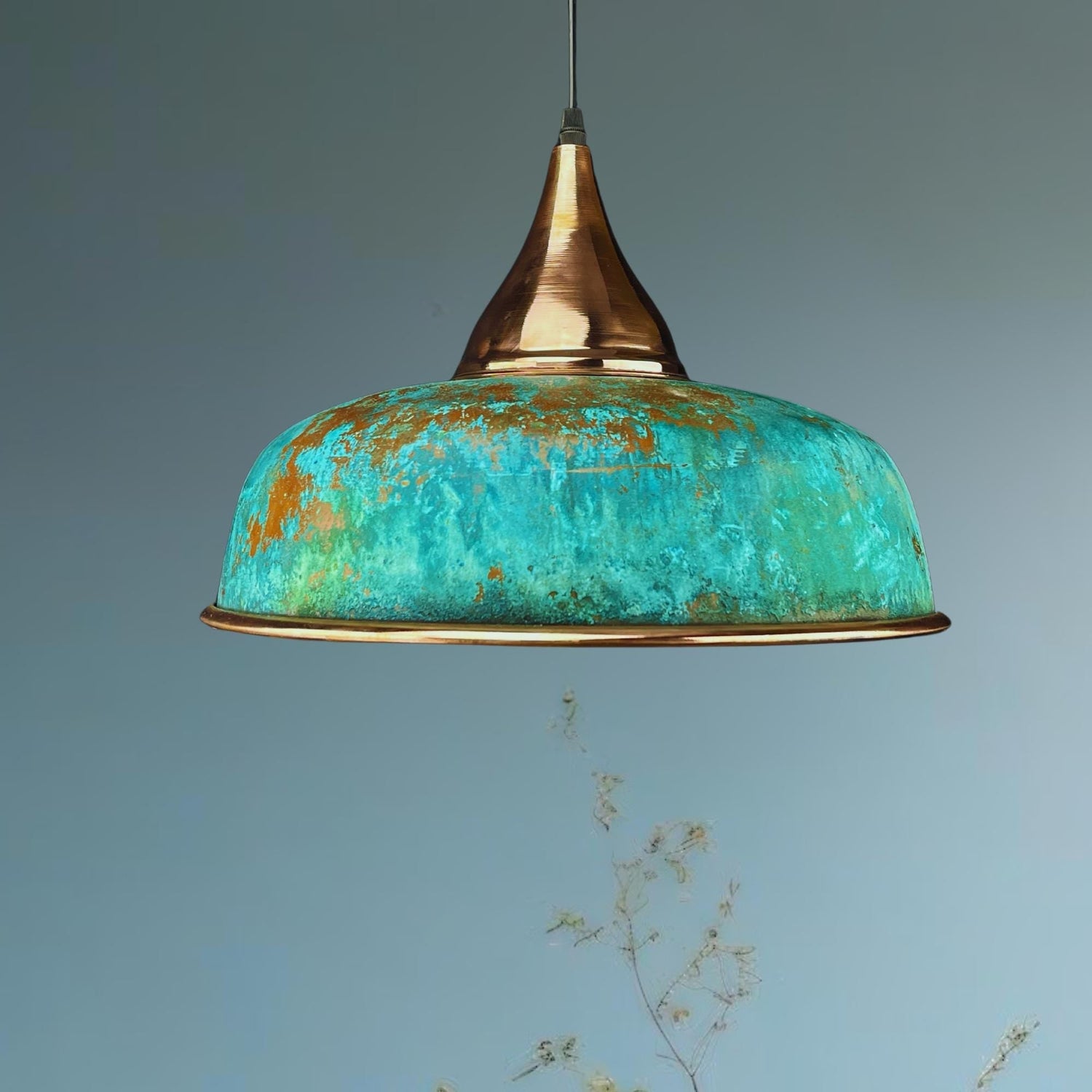 Handmade Oxidized Copper Pendant Light: Green Patina Dome Lamp