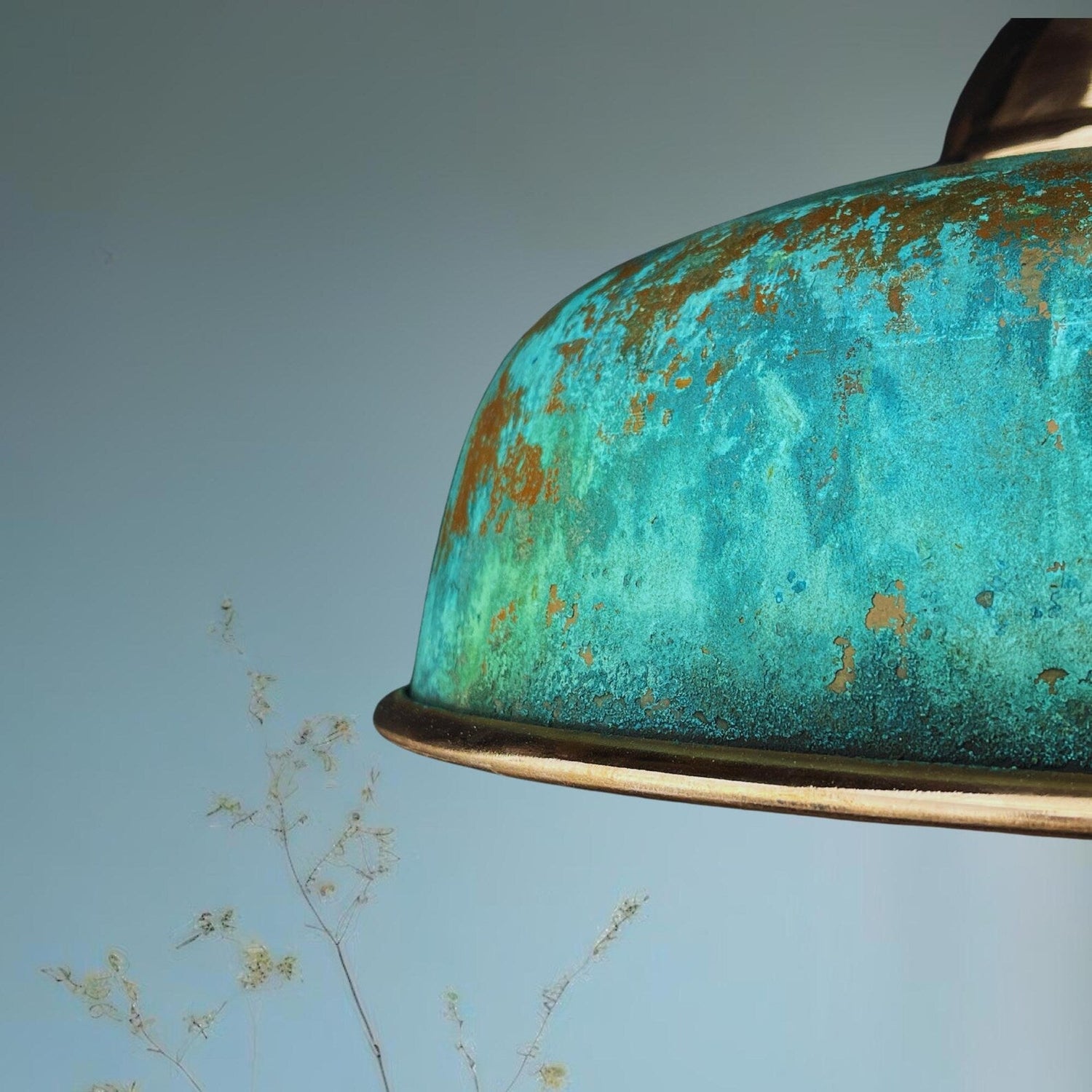 Handmade Oxidized Copper Pendant Light - Green Patina Dome Lamp