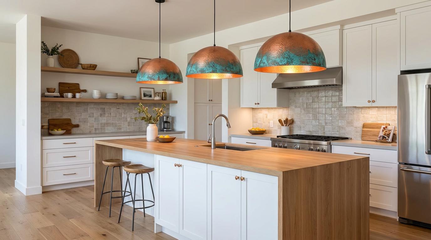 Handmade Oxidized Copper Pendant Light: Green Patina pendant Dome lamp Copper