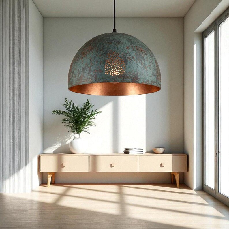 Handmade Oxidized Copper Pendant Light - Green Patina Perforated Dome