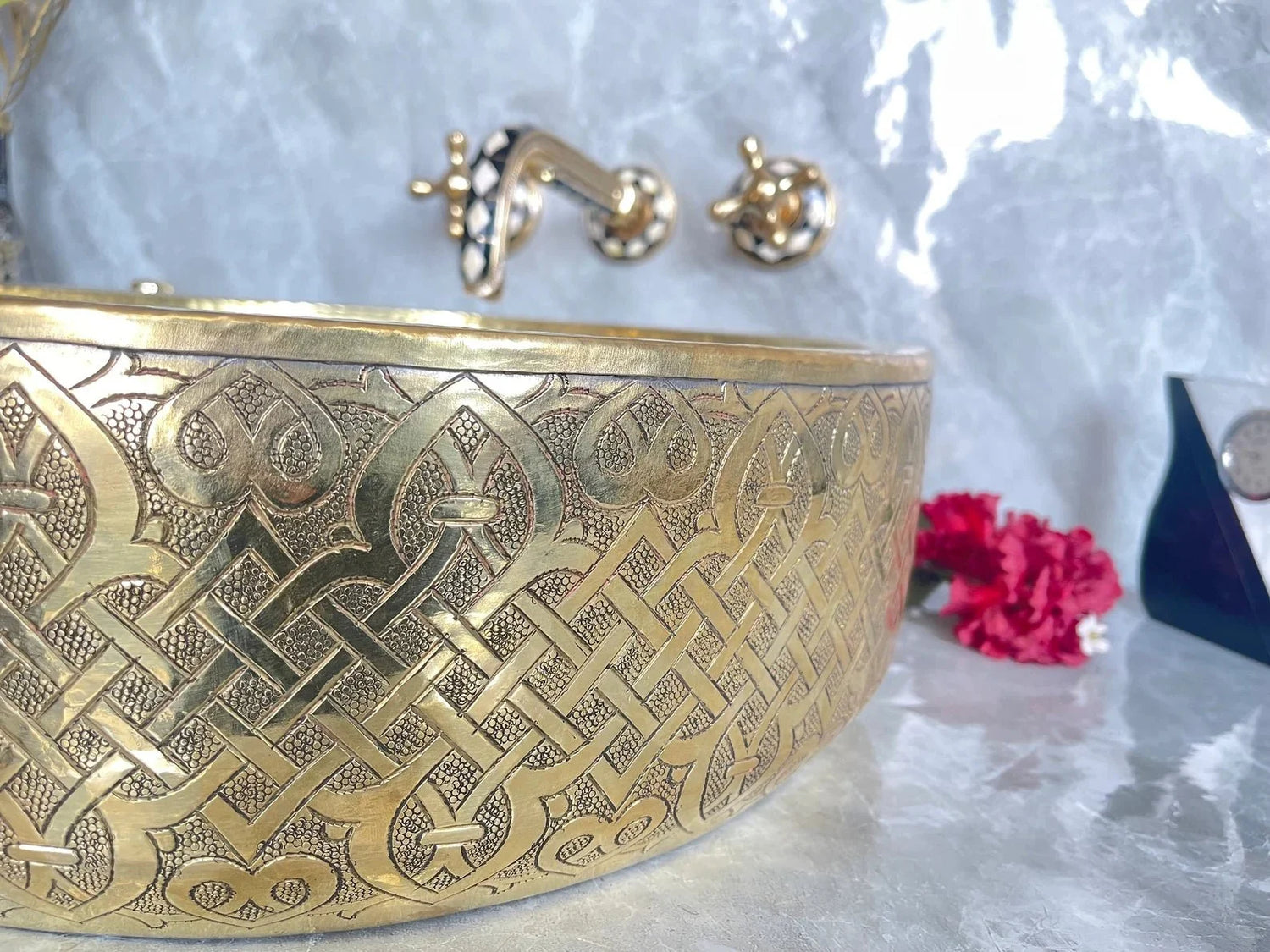 Handmade Round Brass Drop-In Sink - Fish Scale Design Bathroom Basin