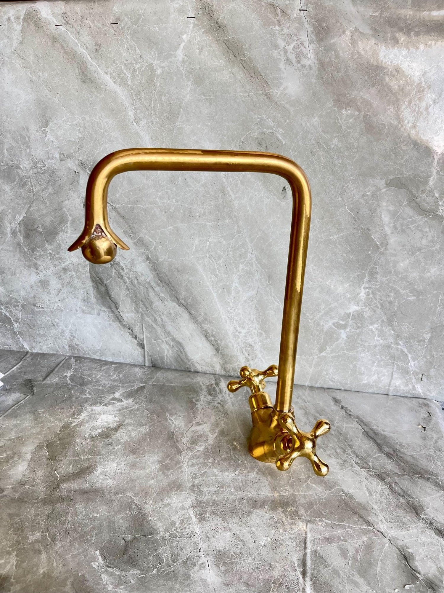 Handmade Solid Brass Square Faucet - Single Hole Cross Handle Tap