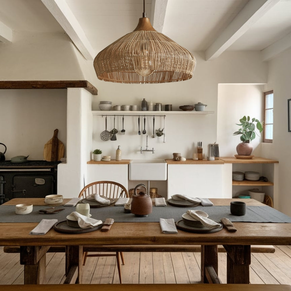 Havenly Rattan Woven Dome Pendant Light for Minimalist Wooden Dining Room